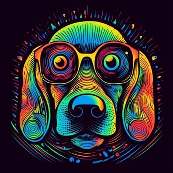 Psychedelic trippy dog cartoon 70s, rave style, acid color. Retrowave concept. Ai Generative.