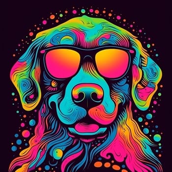 Psychedelic trippy dog cartoon 70s, rave style, acid color. Retrowave concept. Ai Generative.