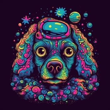 Psychedelic trippy dog cartoon 70s, rave style, acid color. Retrowave concept. Ai Generative.