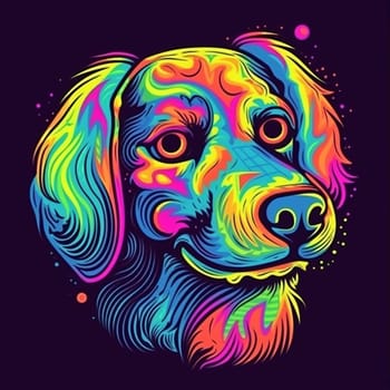 Psychedelic trippy dog cartoon 70s, rave style, acid color. Retrowave concept. Ai Generative.