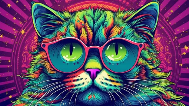 Psychedelic trippy cat cartoon 70s, rave style, acid color. Retrowave concept. Ai Generative.