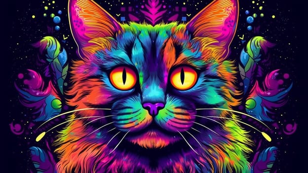 Psychedelic trippy cat cartoon 70s, rave style, acid color. Retrowave concept. Ai Generative.