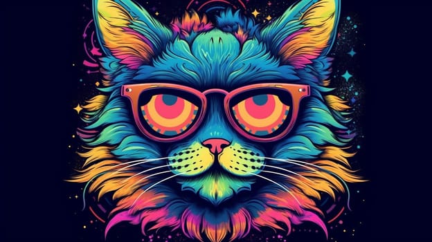 Psychedelic trippy cat cartoon 70s, rave style, acid color. Retrowave concept. Ai Generative.