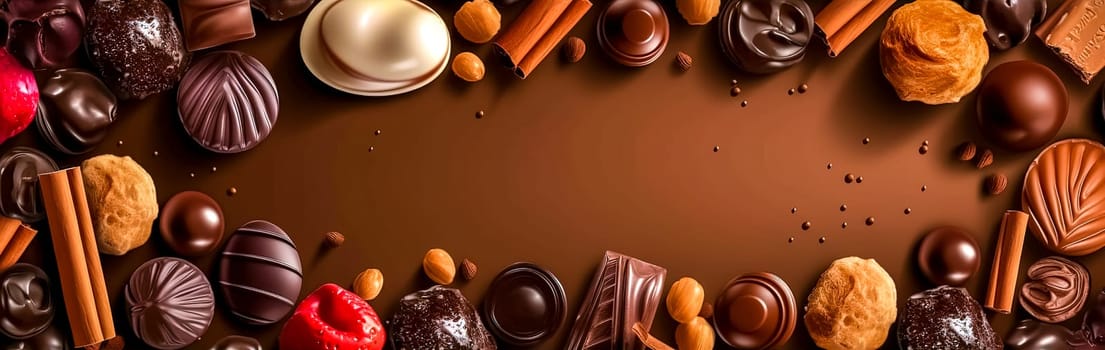 variations of chocolate candies of different types and flavors, banner, made with Generative AI. High quality illustration