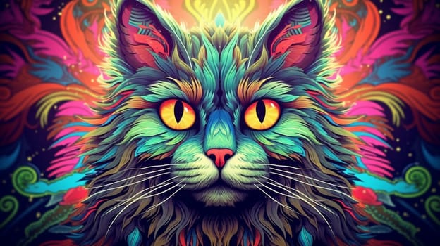 Psychedelic trippy cat cartoon 70s, rave style, acid color. Retrowave concept. Ai Generative.