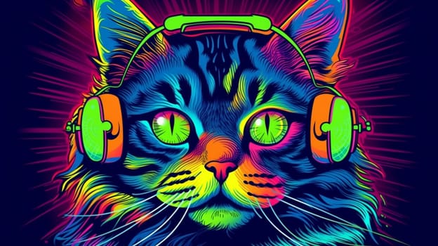 Psychedelic trippy cat cartoon 70s, rave style, acid color. Retrowave concept. Ai Generative.