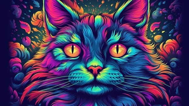 Psychedelic trippy cat cartoon 70s, rave style, acid color. Retrowave concept. Ai Generative.