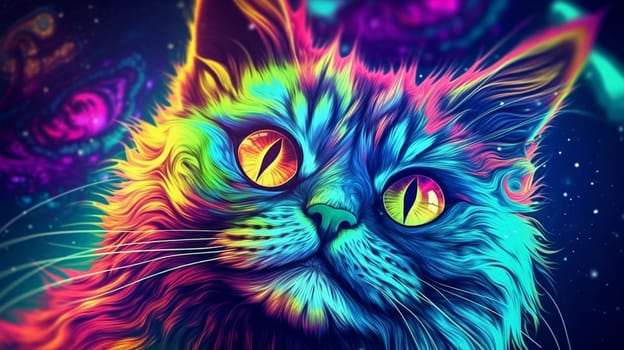 Psychedelic trippy cat cartoon 70s, rave style, acid color. Retrowave concept. Ai Generative.