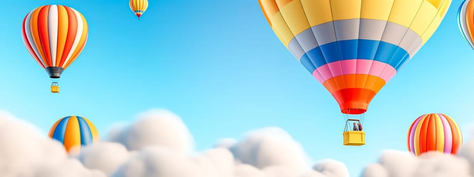 colorful hot air balloon in blue sky, banner with copy space, made with Generative AI. High quality illustration