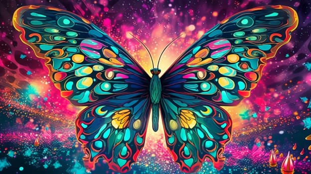 Psychedelic trippy butterfly cartoon 70s, rave style, acid color. Retrowave concept. Ai Generative.