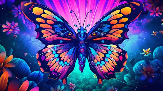 Psychedelic trippy butterfly cartoon 70s, rave style, acid color. Retrowave concept. Ai Generative.