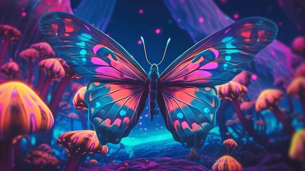 Psychedelic trippy butterfly cartoon 70s, rave style, acid color. Retrowave concept. Ai Generative.