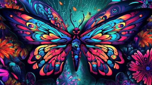 Psychedelic trippy butterfly cartoon 70s, rave style, acid color. Retrowave concept. Ai Generative.