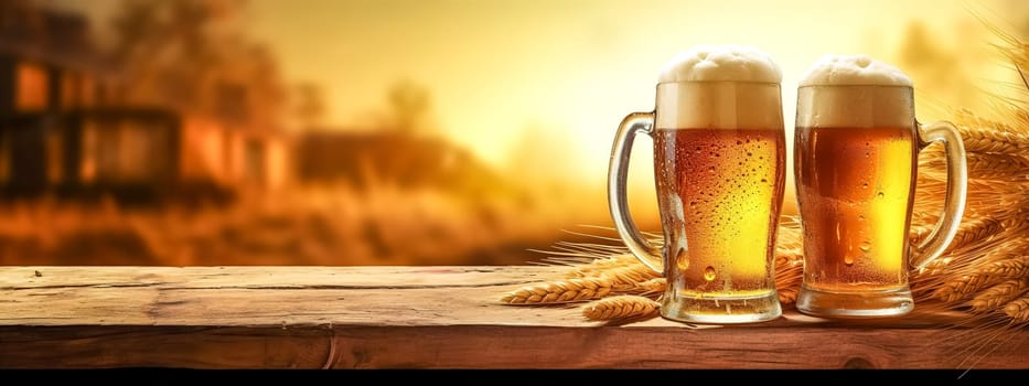 glass of draft beer with foam on a wooden table, banner, made with Generative AI. High quality illustration