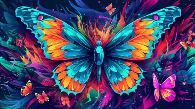 Psychedelic trippy butterfly cartoon 70s, rave style, acid color. Retrowave concept. Ai Generative.