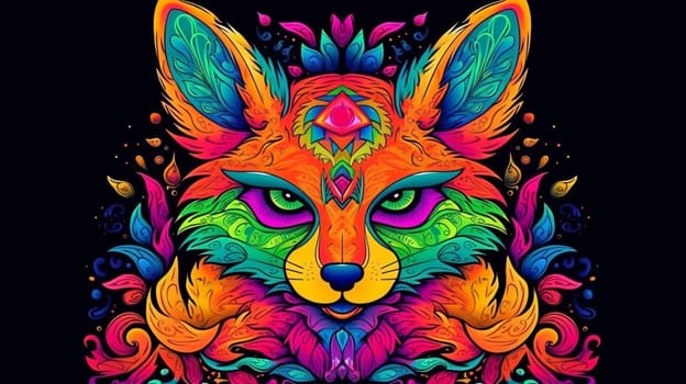 Psychedelic trippy fox cartoon 70s, rave style, acid color. Retrowave concept. Ai Generative.