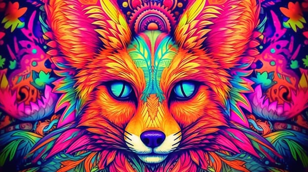 Psychedelic trippy fox cartoon 70s, rave style, acid color. Retrowave concept. Ai Generative.