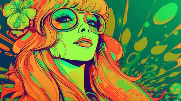 Psychedelic trippy girl cartoon 70s, rave style, acid color. Retrowave concept. Ai Generative.