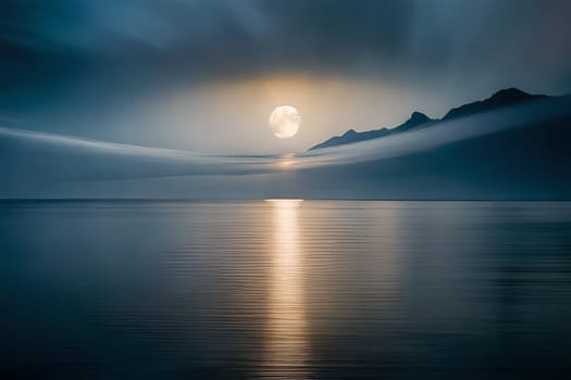 Moonlight in ocean landscape. The ocean stretches out as far as the eye can see, its surface a canvas of deep, midnight blue. AI generated image