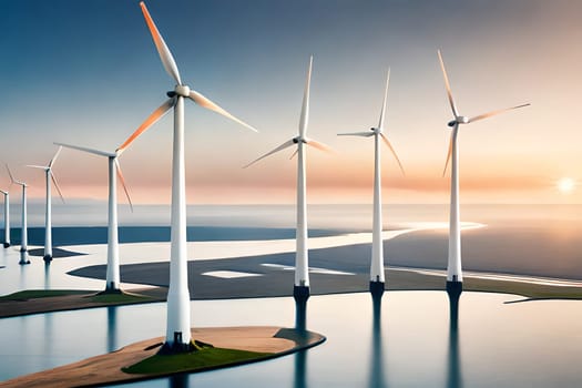 Panoramic view of wind farm or wind park, with high wind turbines for generation electricity with copy space. Green energy concept. Generative AI