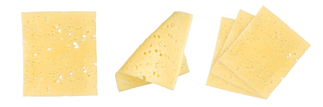 Swiss cheese isolate. Cheese slices with many small holes, close-up. Swiss cheese is cut into thin slices of different shapes, isolated on a white background. High quality photo