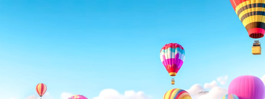 colorful hot air balloon in blue sky, banner with copy space, made with Generative AI. High quality illustration