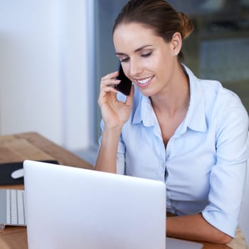 Phone call, woman and laptop for business consulting, planning and communication. Happy female worker, smartphone and mobile networking at computer for connection, digital contact and administration.