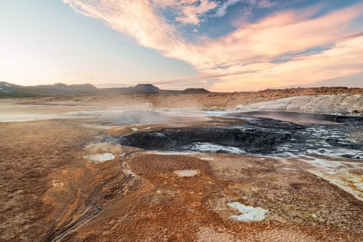 Boiling mudpots in Hverir geothermal area in Myvatn region, North of Iceland