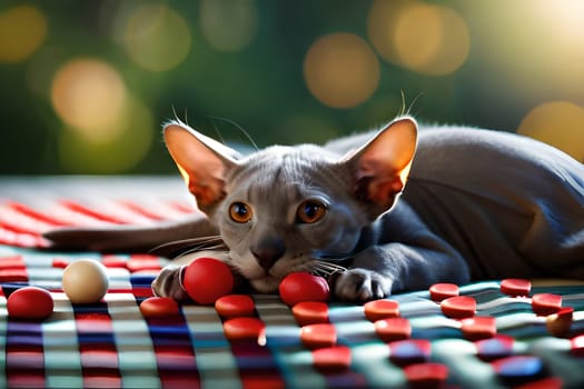 Cute gray sphinks cat sleeps on fur white blanket. kitten sleeping on gray plaid wool blanket with tassels, embracing soft beige knitted toy