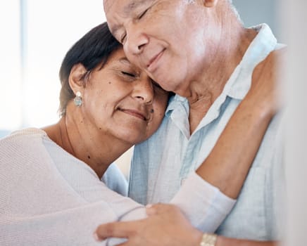 Calm senior couple hug with love, care and romance in home. Man, woman and face of retirement people relax with embrace for happiness, support and peaceful marriage together with trust in partner.