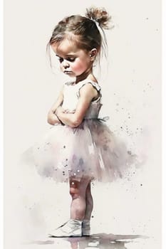 Watercolor little ballerina girl in a pink dress with a tutu skirt makes a pose on a white background. Generative ai.