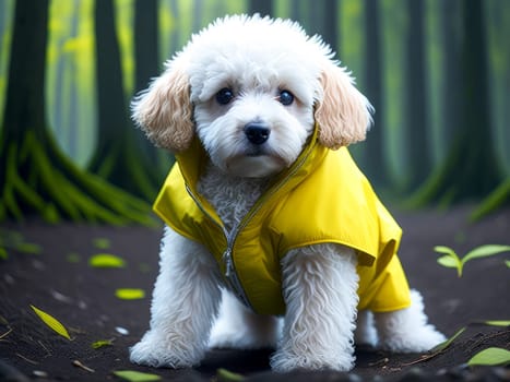 Cute dog white poodle wearing yellow rain jacket hiking in the forest. Dog vacation relax concept. Generative Ai