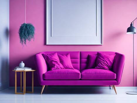 Blank frame mockup for artwork or print on pink wall with magenta couch, copy space. Interior design. Generative Ai