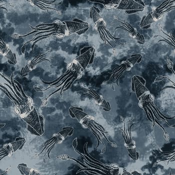 Squid Animal Sea Life Seamless Pattern On Wave Background With Bubble, Octopus Background Wallpaper