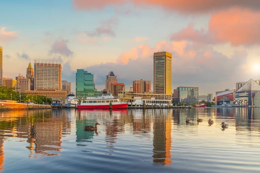 Downtown Baltiimore city skyline cityscape of Maryland in USA