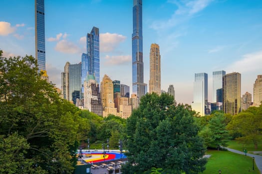 Central Park with Manhattan city skyline, cityscape of New York City USA in summer at sunrise