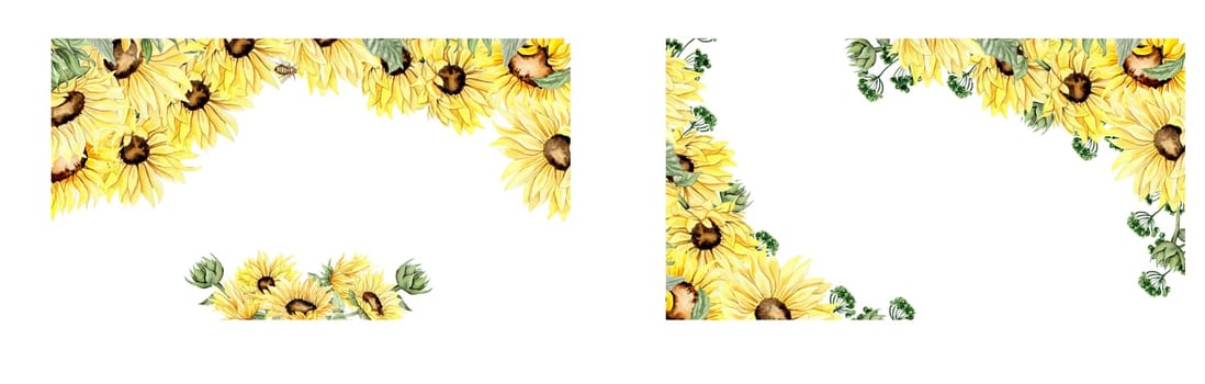 Watercolor horizontal seamless background with sunflowers set. Butterflies in cartoon style. Hand drawn illustration of summer.Perfect for scrapbooking, kids design,wedding invitation,greetings cards.