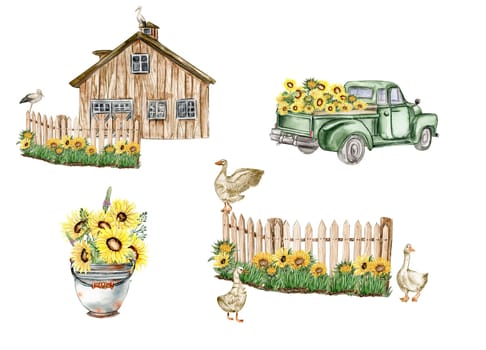 Watercolor farm composition with sunflowers in cartoon style. Hand drawn illustration of summer. Perfect for scrapbooking, kids design, wedding invitation, posters, greetings cards.