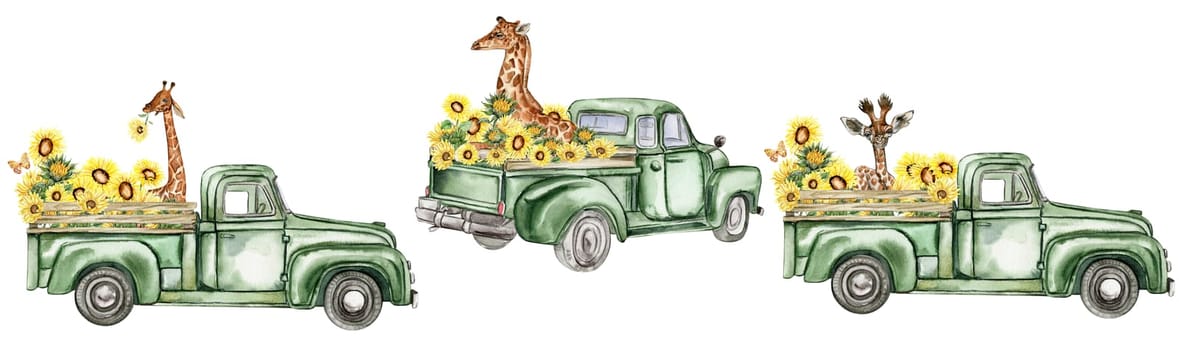 Watercolor composition with sunflowers and farm car in cartoon style.Hand drawn illustration of summer. Perfect for scrapbooking, kids design, wedding invitation,posters, greetings cards.