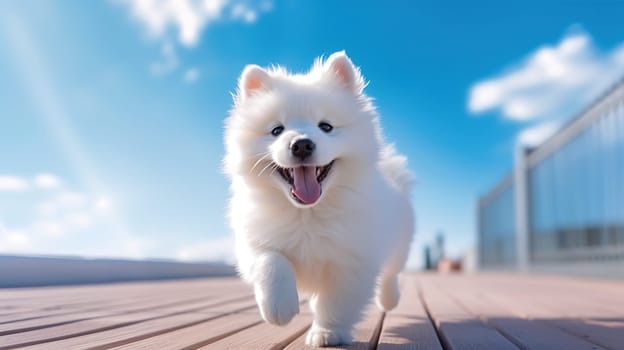 Happy white puppy in nature. Generative AI