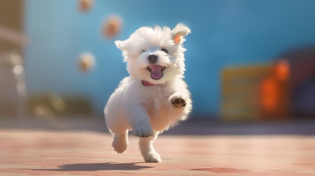 Happy white puppy in nature. Generative AI