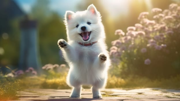 Happy white puppy in nature. Generative AI