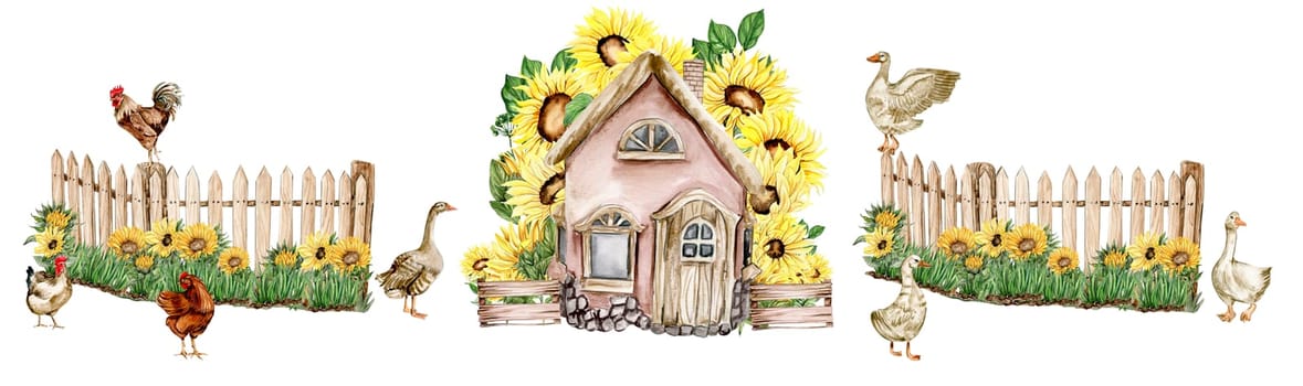 Watercolor farm composition with sunflowers in cartoon style. Hand drawn illustration of summer. Perfect for scrapbooking, kids design, wedding invitation, posters, greetings cards.