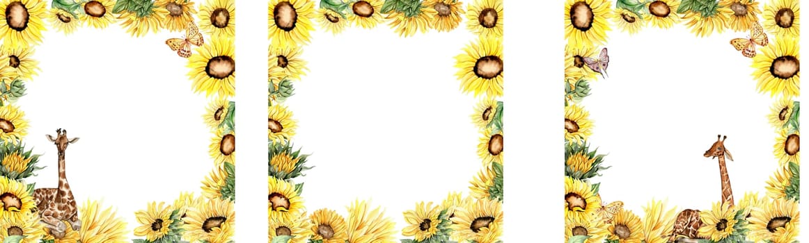 Watercolor hand drawn spring garden full of sunflowers square frame set. Illustration for scrapbooking. Cartoon hand drawn background with flower for kids design. Perfect for wedding invitation.