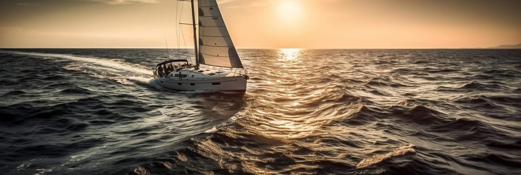 Sailboat in the sea in the evening sunlight over sky background. Luxury summer adventure or active vacation concept. Copy space.