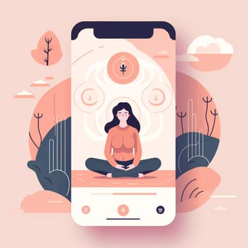 Meditation app Girl doing yoga Lotus pose. Flat dribble figma style illustration.