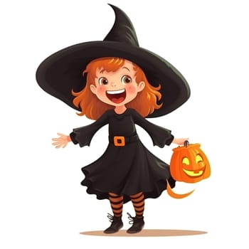 Cute young happy girl, in Halloween witch costume with hat, black dress, stripy stockings, Halloween fun for children, fall holiday theme.