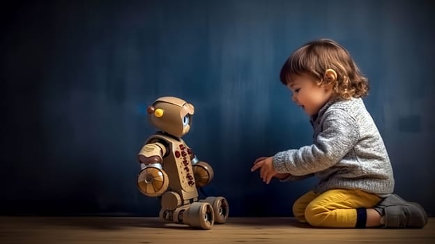 child and robot, the concept of a new generation of children growing up with modern technologies, learning from a robot, banner, made with Generative AI. High quality illustration