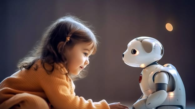 child and robot, the concept of a new generation of children growing up with modern technologies, learning from a robot, banner, made with Generative AI. High quality illustration