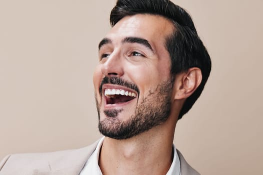 folded man white suit portrait copyspace beige business businessman sexy shirt happy posing guy smiling young arm job handsome eyeglass background